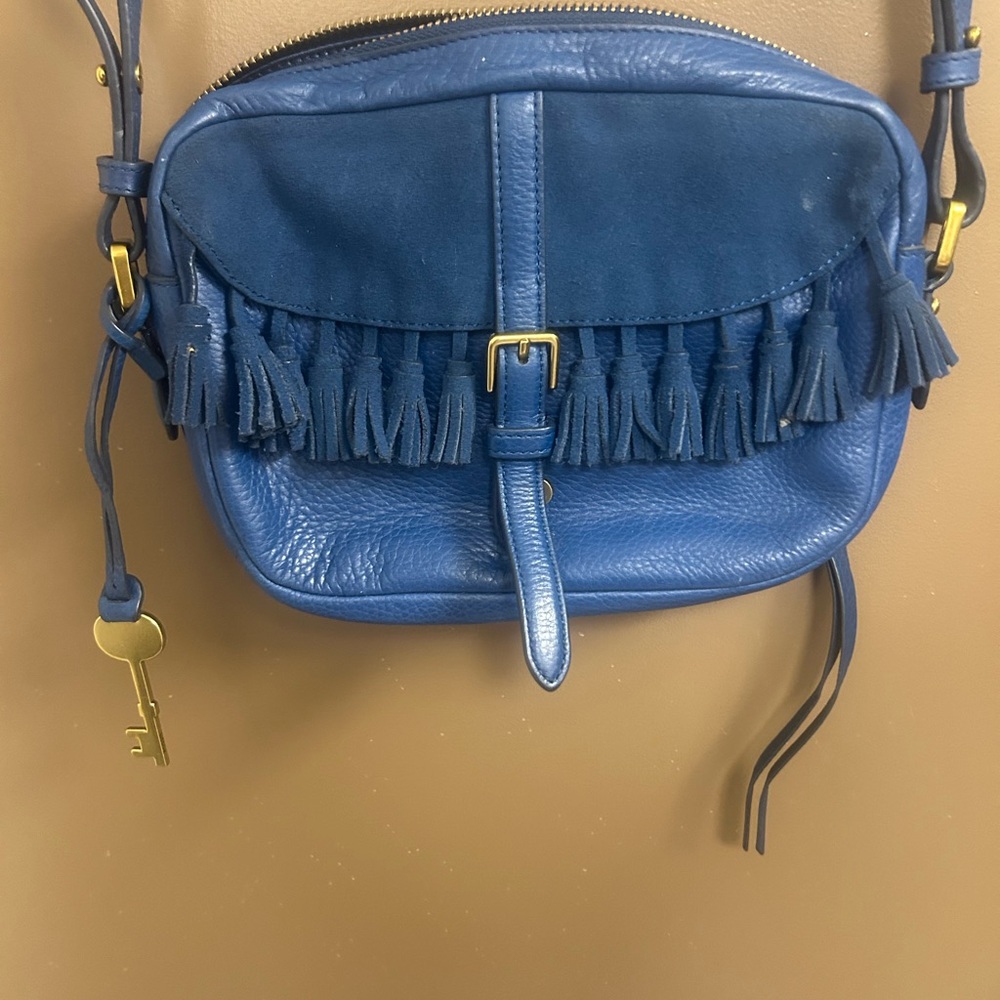 Fossil Blue Leather Tassel Crossbody Bag